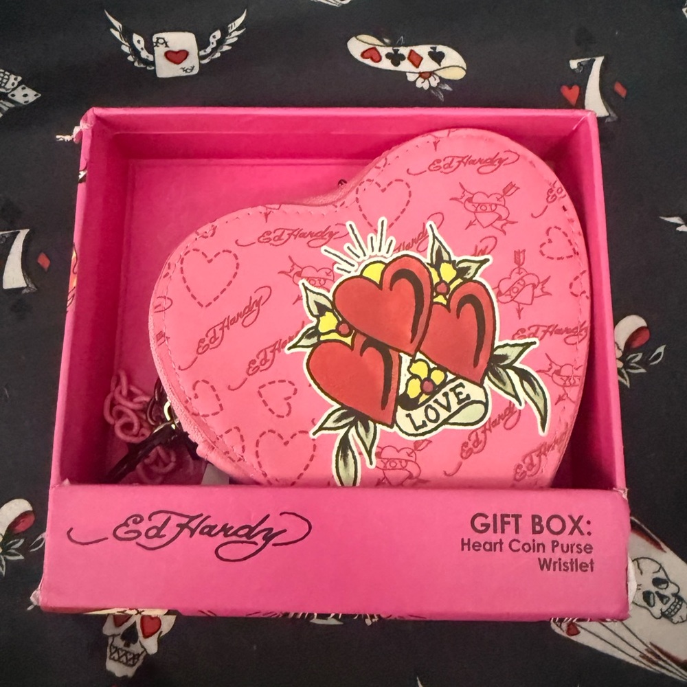Ed Hardy Pink Heart Coin Purse with Red Tattoo Hearts